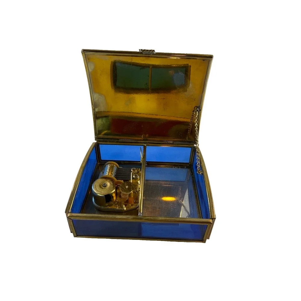 Vintage Enesco Brass & Cobalt Blue Glass Music Box The Spring/Primavera Mexico
